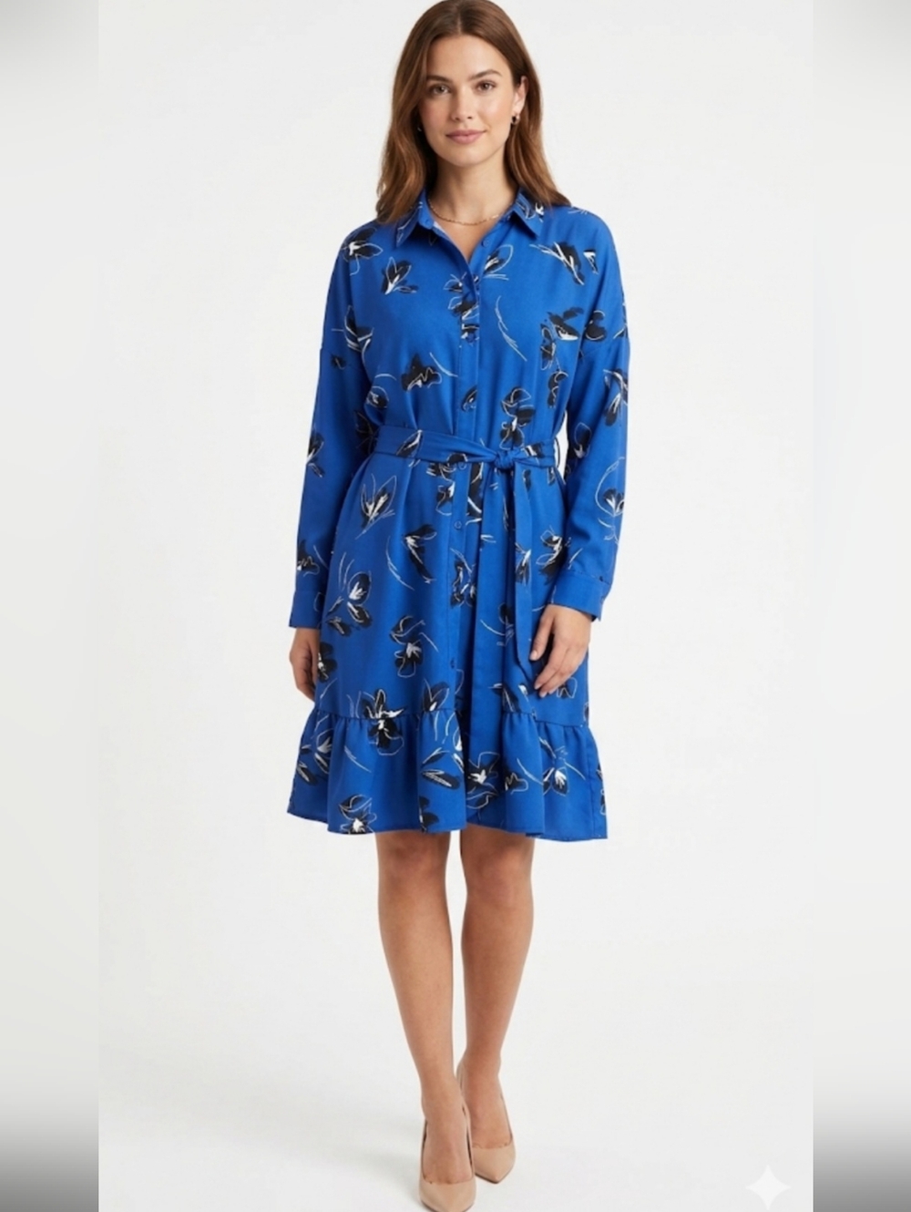 NINE WEST Blue Floral Shirt Dress with Tie Waist,Size XL